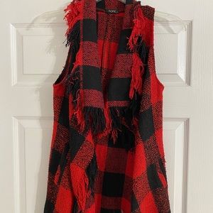 Red and black Buffalo check vest w/ fringe detail